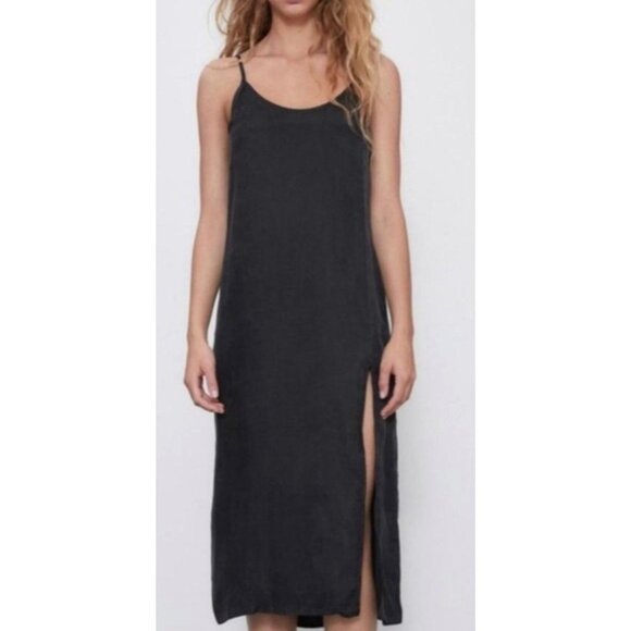 Zara Women Large Fillsens Black Strappy Midi Maxi Slip Dress Slit Glam Party - Picture 1 of 11